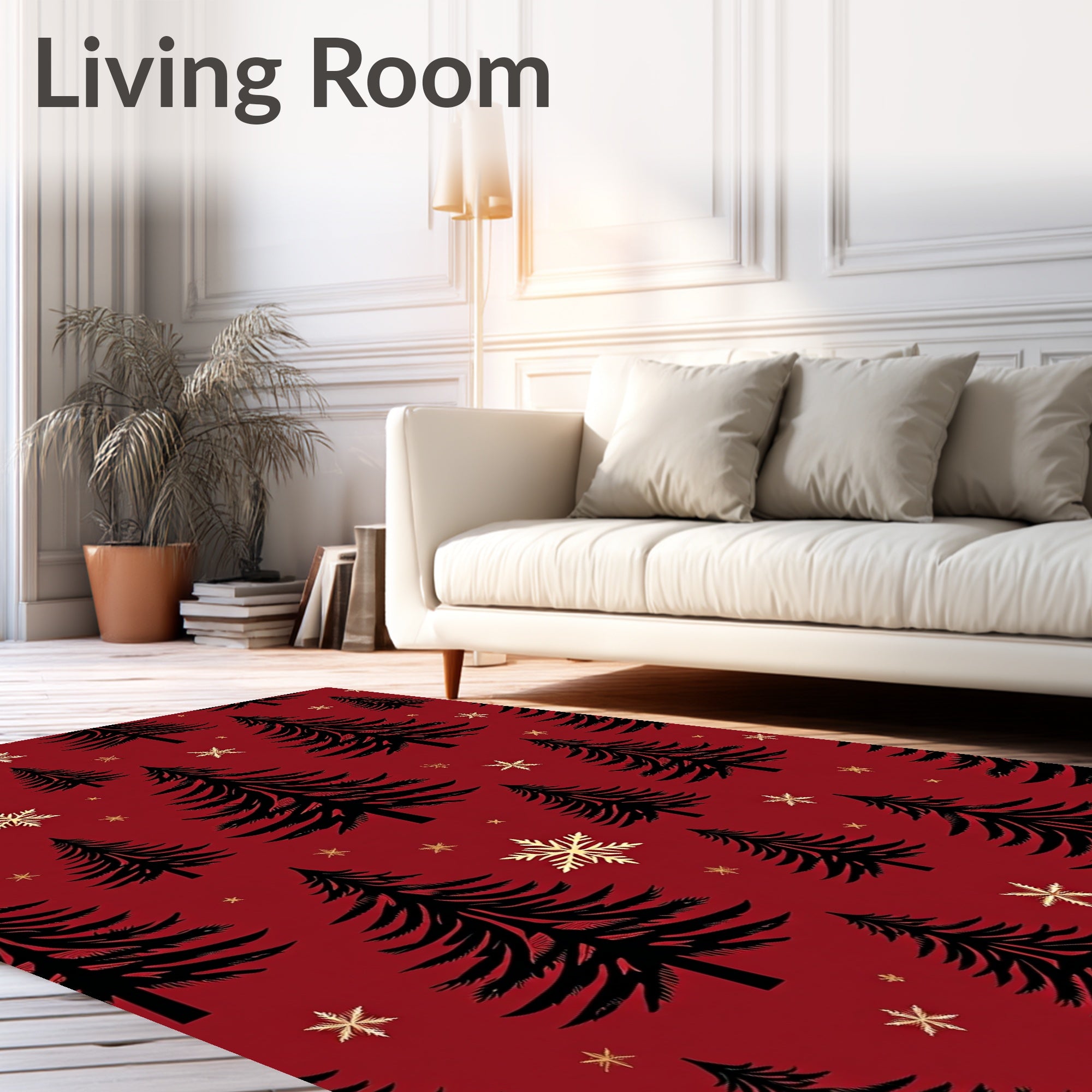 Black Pine Trees Gold Snowflakes Rug