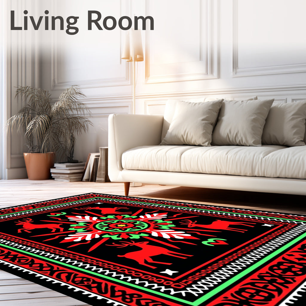 Red Deer Green Crimson Folk Art Rug