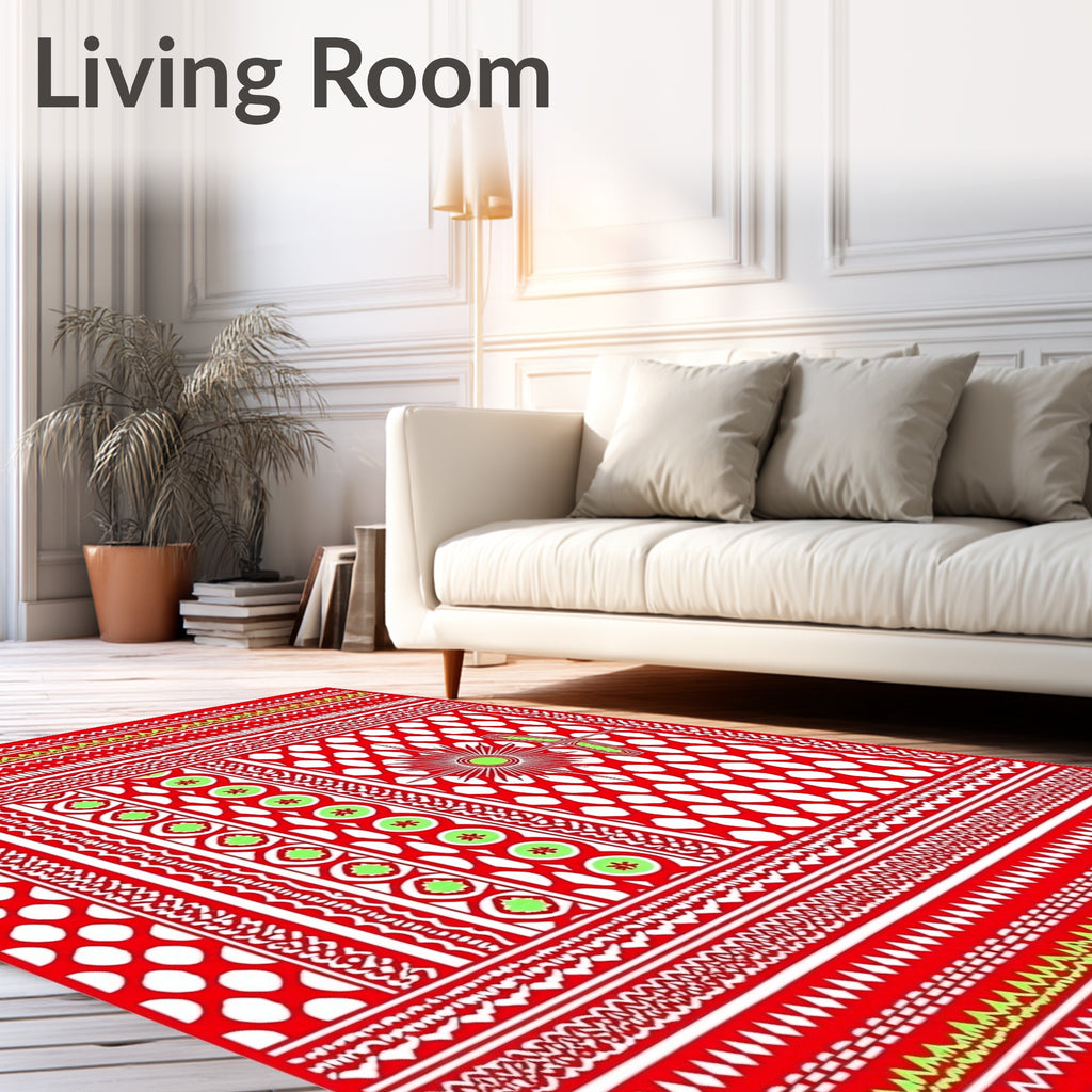 Red White Sunburst Medallion Stripes Rug