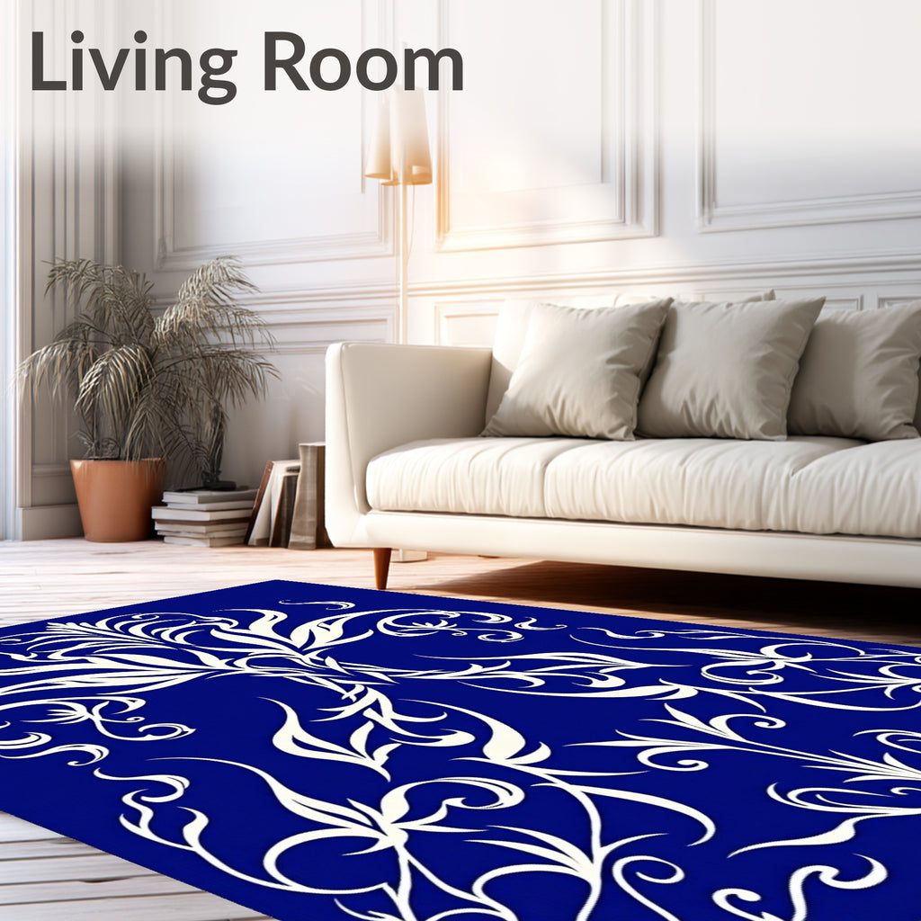 Deep Blue Ivory Floral Swirl Rug