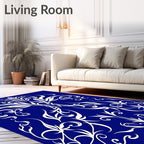 Deep Blue Ivory Floral Swirl Rug