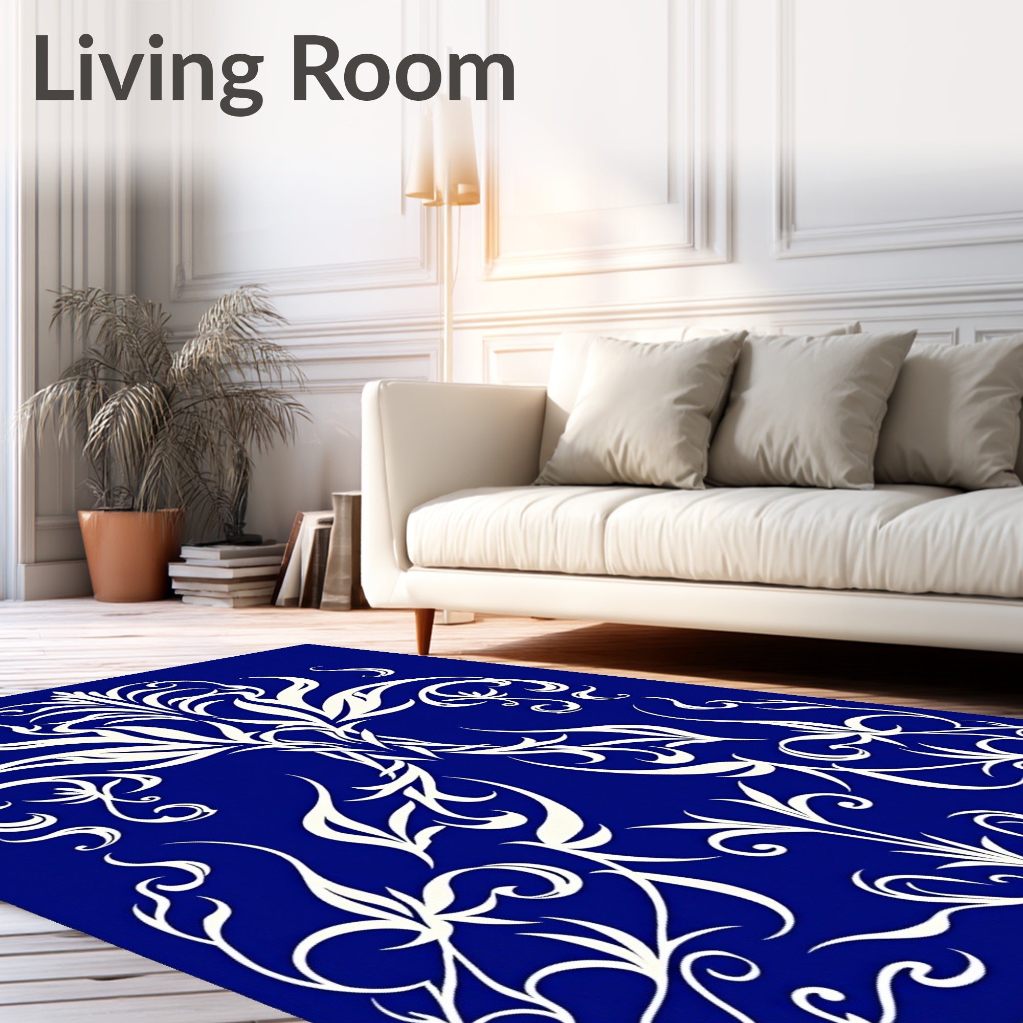 Deep Blue Ivory Floral Swirl Rug