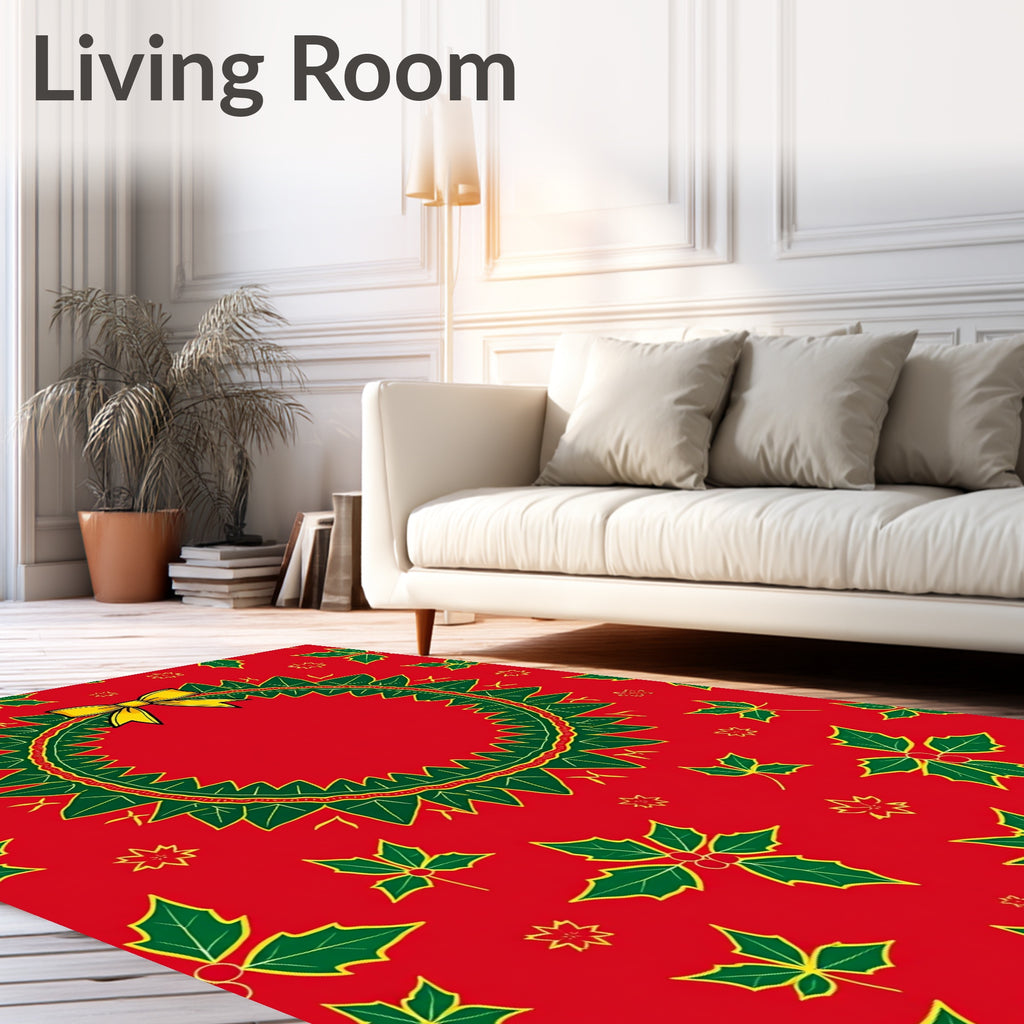 Festive Red Holly Wreath Bow Rug