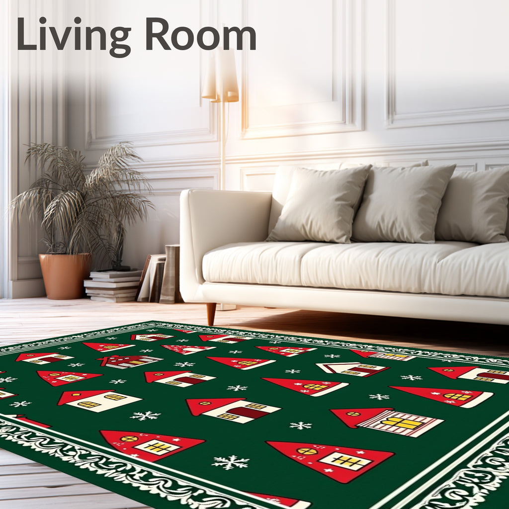 White Red Houses Snowflake Border Rug