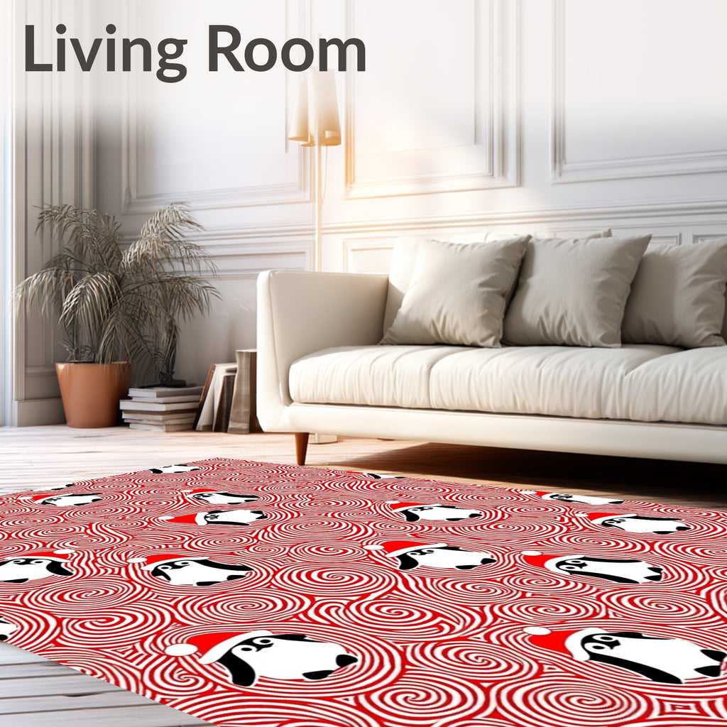 Whimsical Penguin Red Swirl Festive Rug