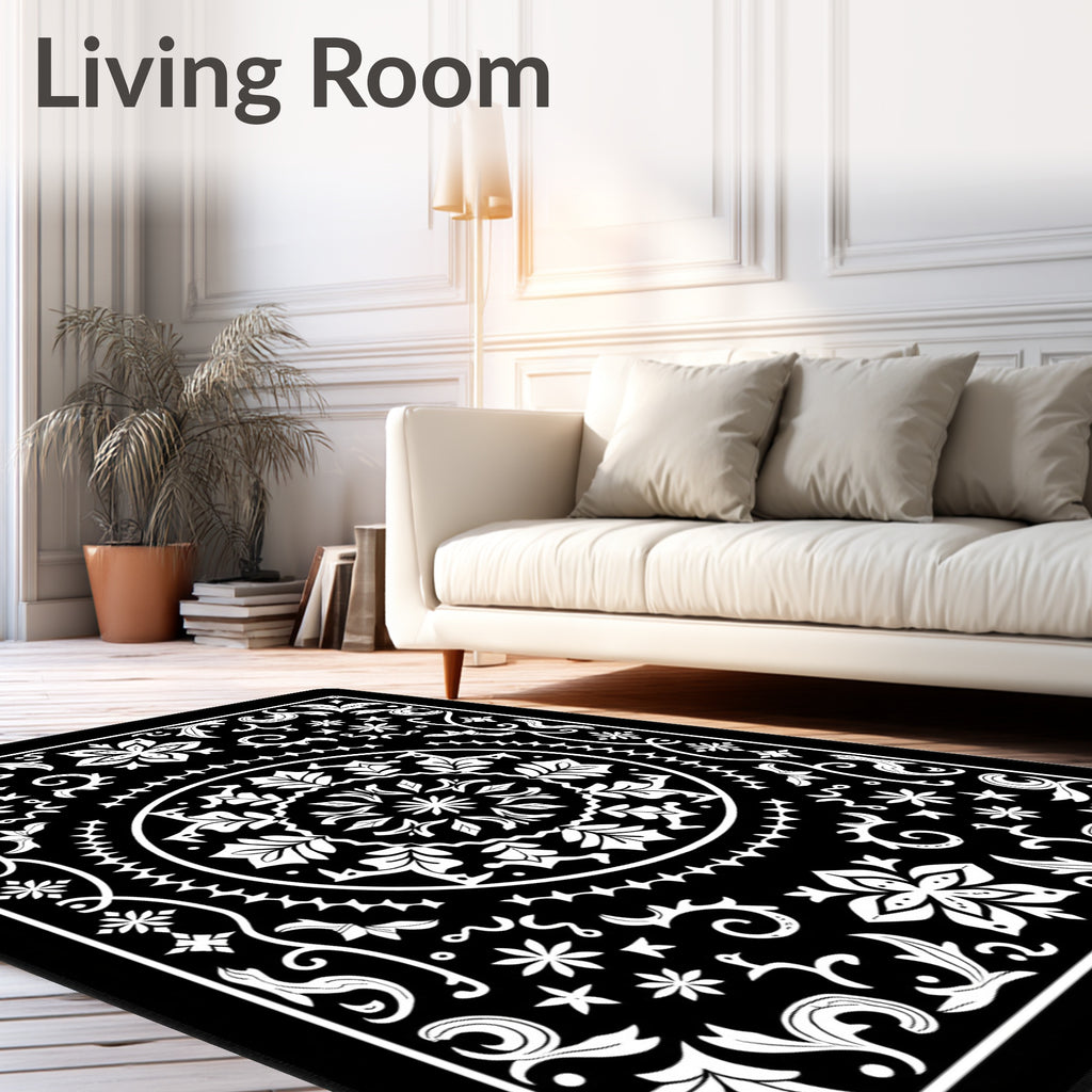 Black White Floral Mandala Rug