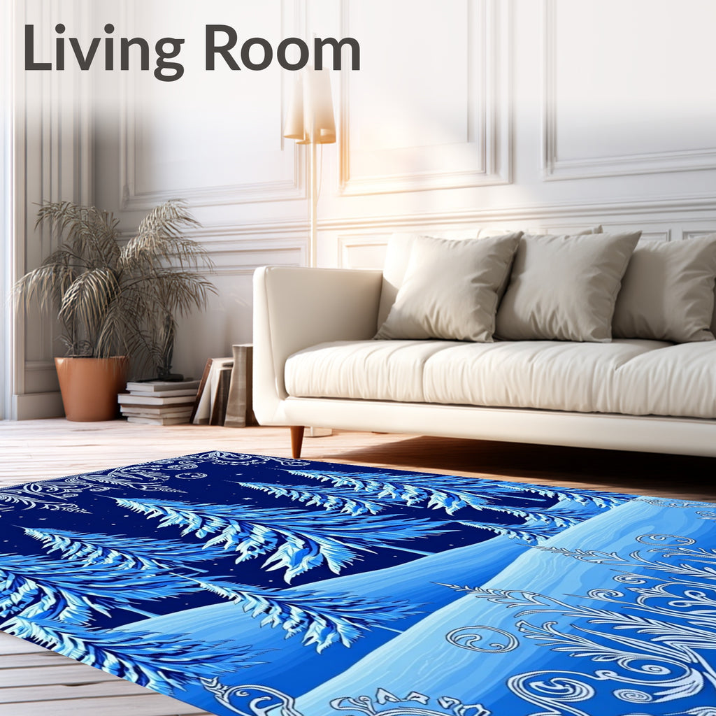 Snowy blue pine forest winter landscape Rug