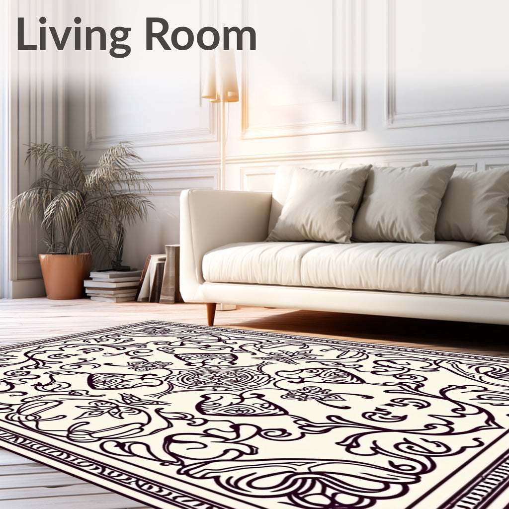 Ornate Cream and Plum Floral Scroll Rug