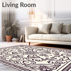 Ornate Cream and Plum Floral Scroll Rug