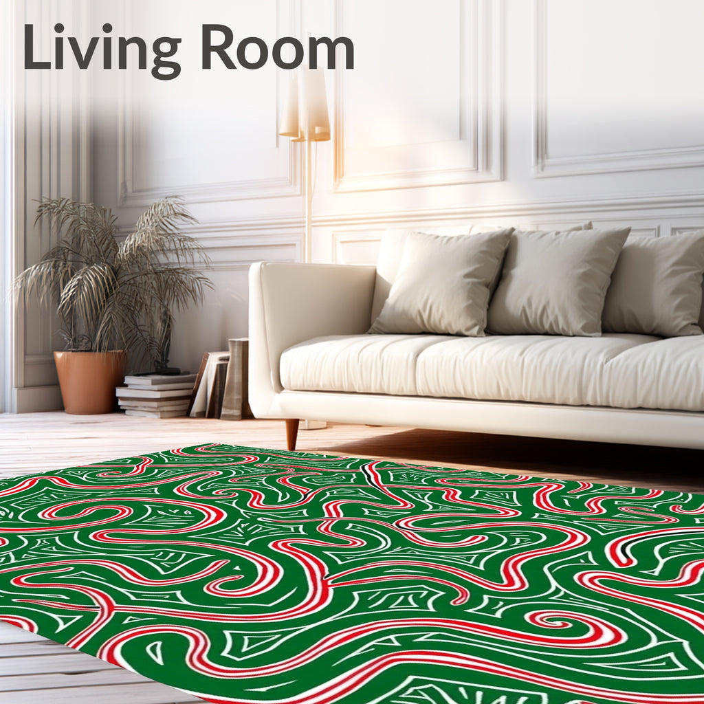 Whimsical Green Red Swirl Lines Rug