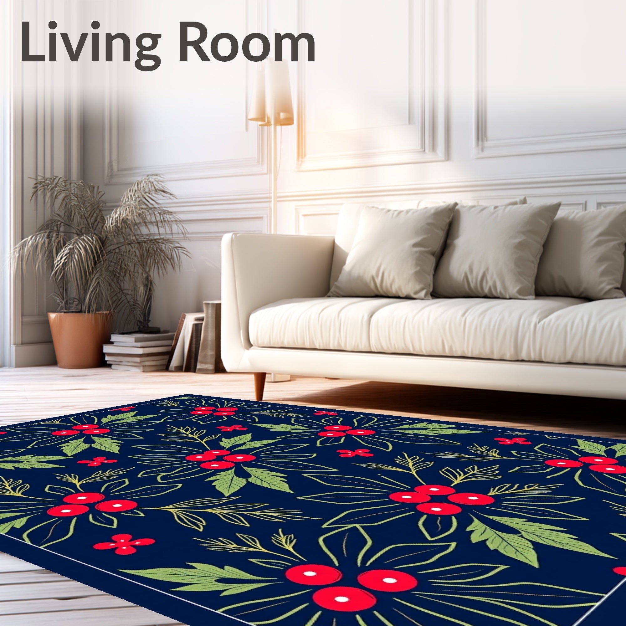 Festive Navy Red Holly Berry Rug