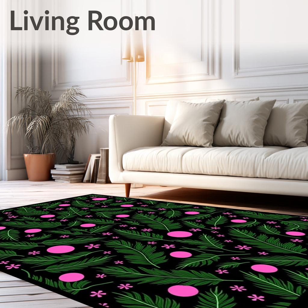Vibrant Green Feather Pink Dot Garden Rug