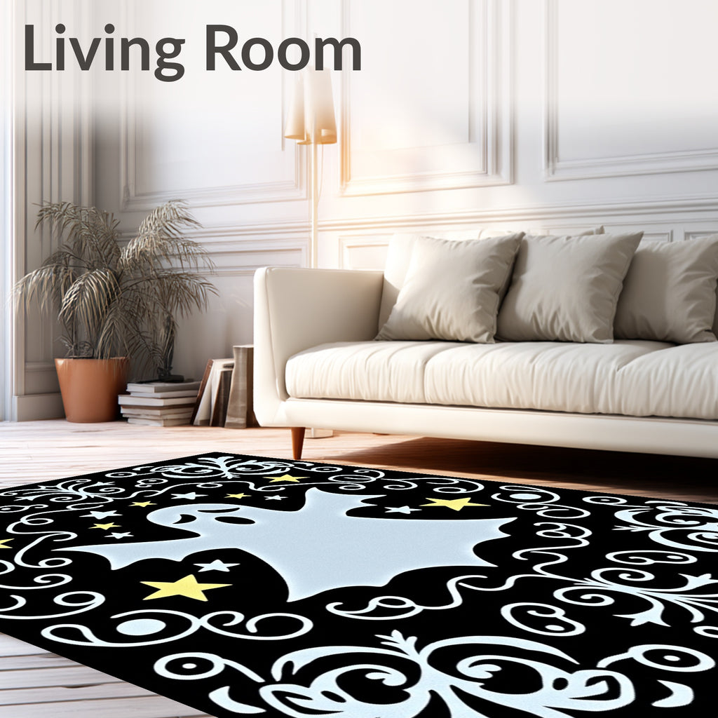 Spooky Light Blue Ghost Yellow Stars Rug