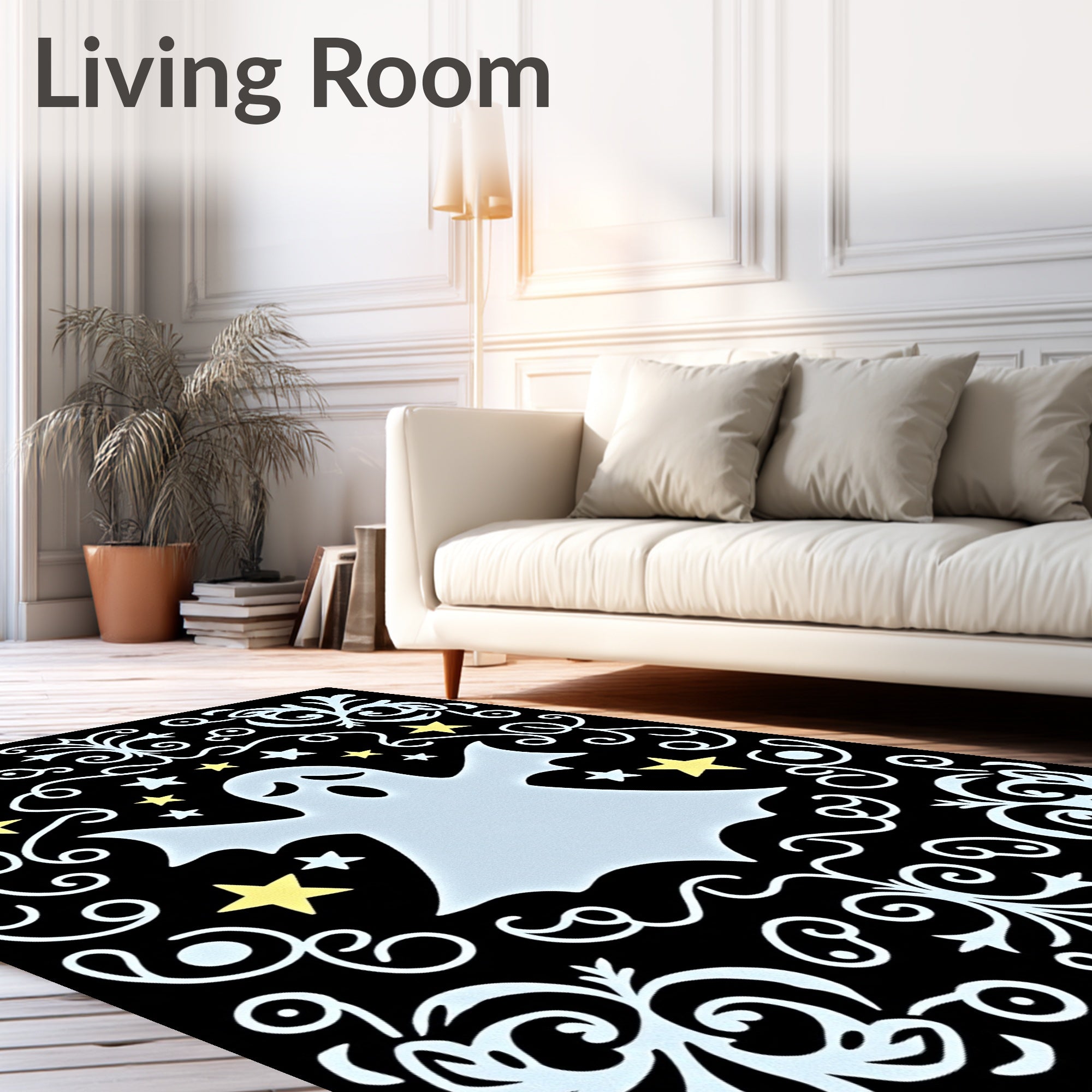 Spooky Light Blue Ghost Yellow Stars Rug