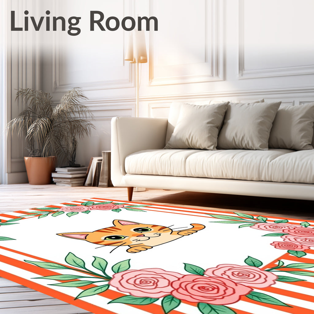 Whimsical Orange Striped Pink Rose Cat Rug