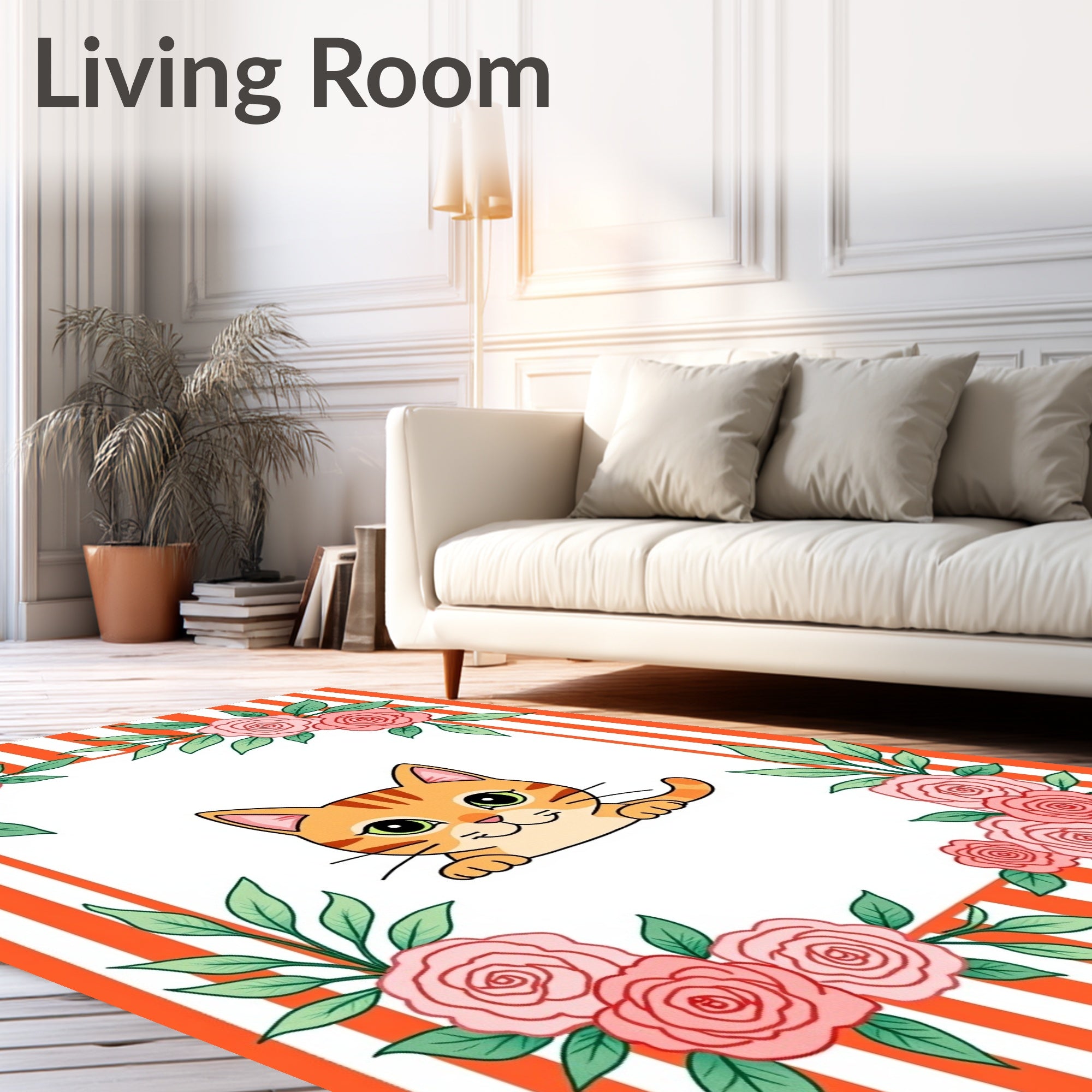 Whimsical Orange Striped Pink Rose Cat Rug