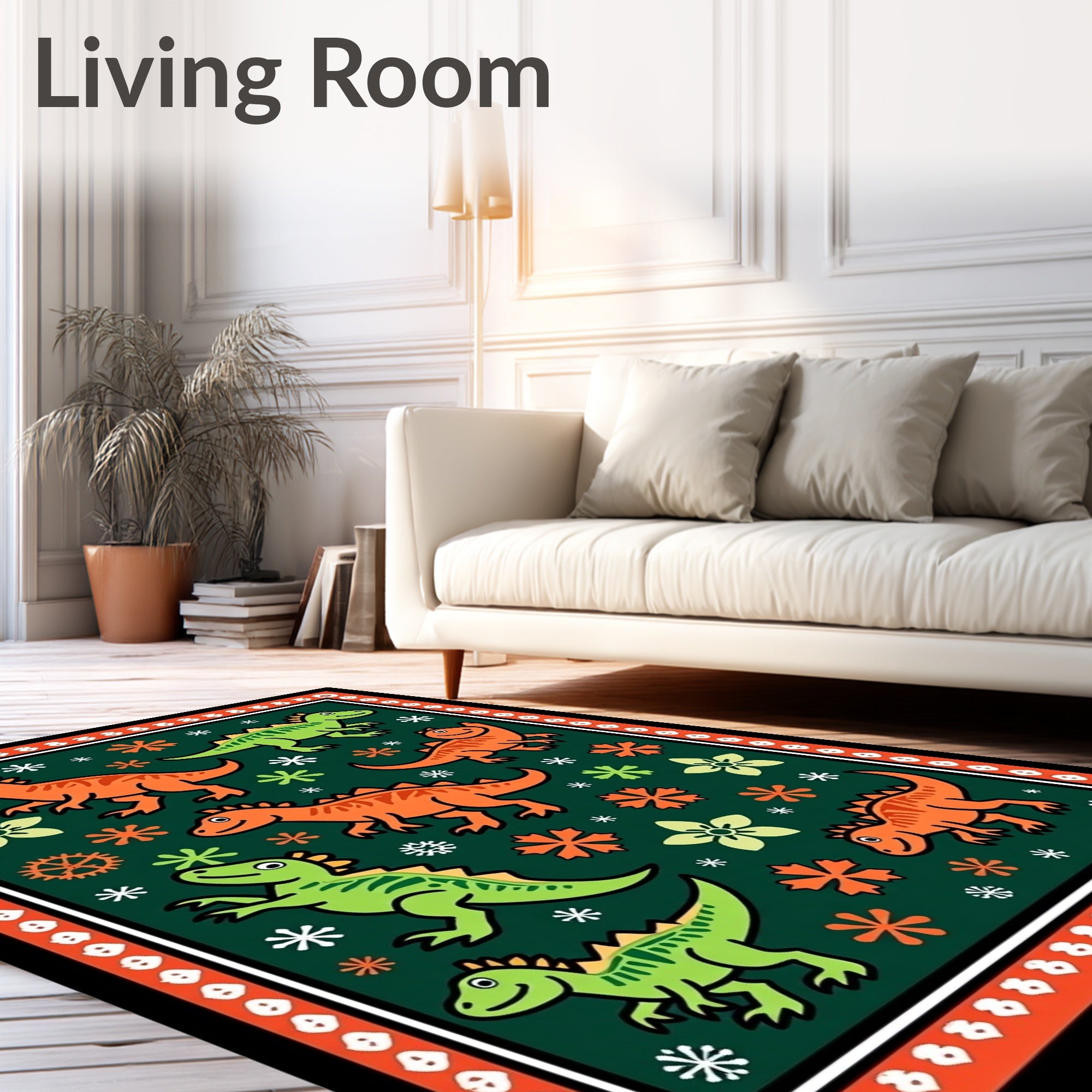 Fun Orange Green Dinosaur Flora Rug