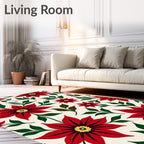 Red Poinsettia Floral Cream Background Rug