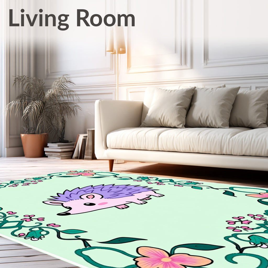 Whimsical Purple Hedgehog Floral Frame Rug