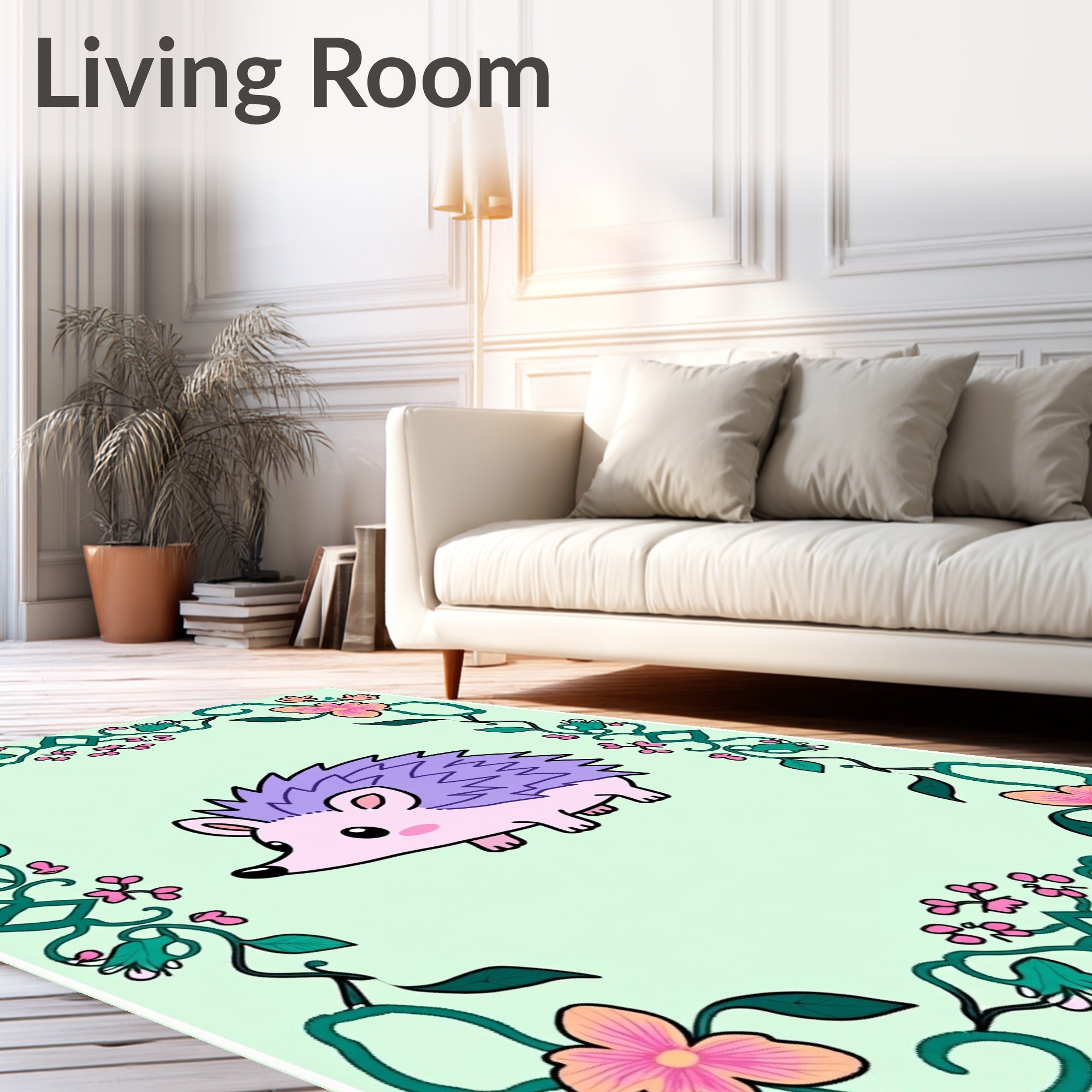 Whimsical Purple Hedgehog Floral Frame Rug
