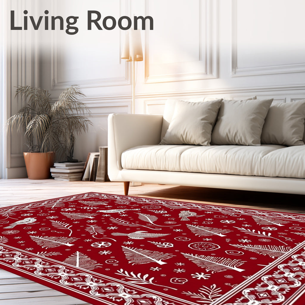 Crimson Red Winter Bird Tree Snowflakes Rug
