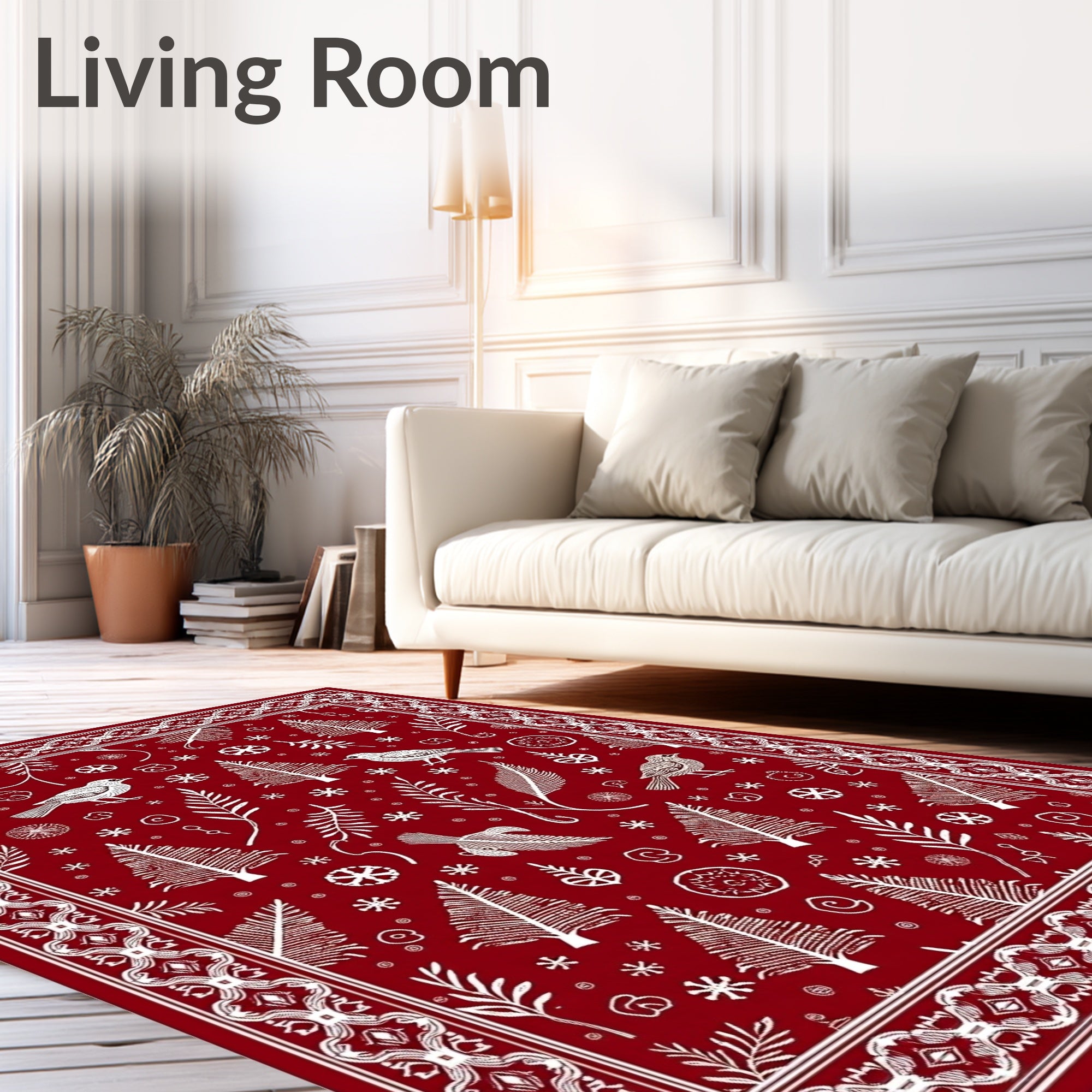 Crimson Red Winter Bird Tree Snowflakes Rug