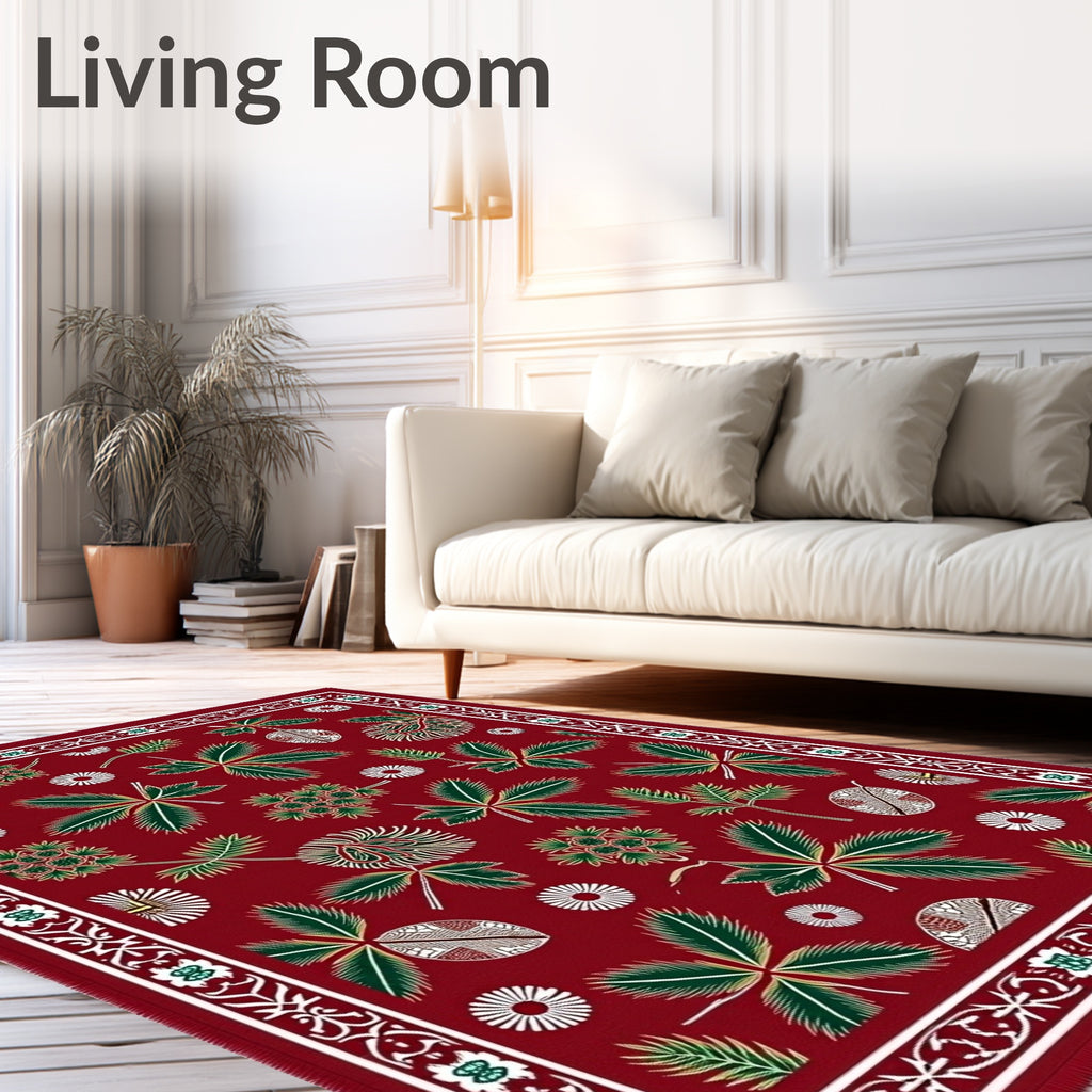 Crimson Green Leaf Botanical Border Rug