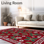 Crimson Green Leaf Botanical Border Rug