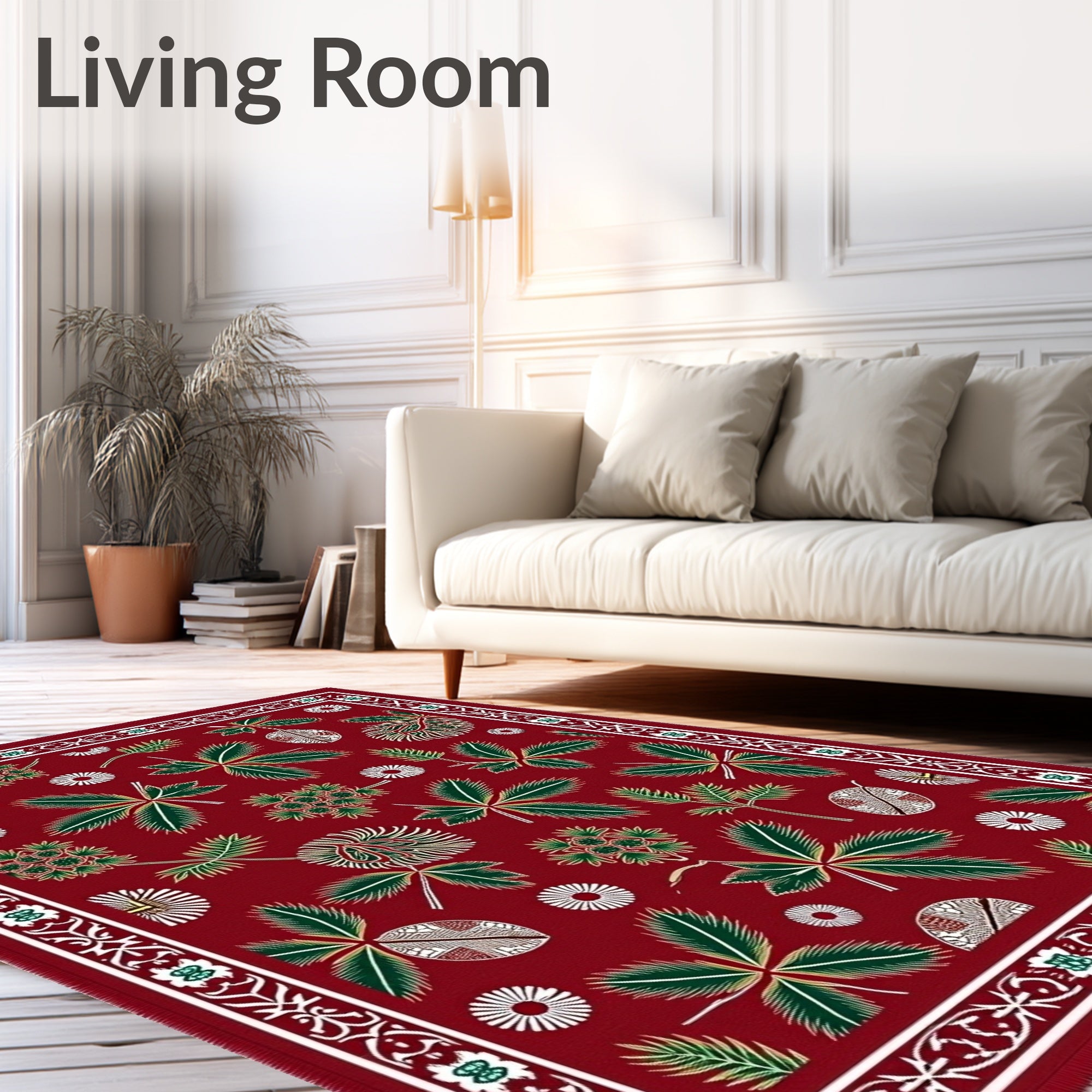 Crimson Green Leaf Botanical Border Rug