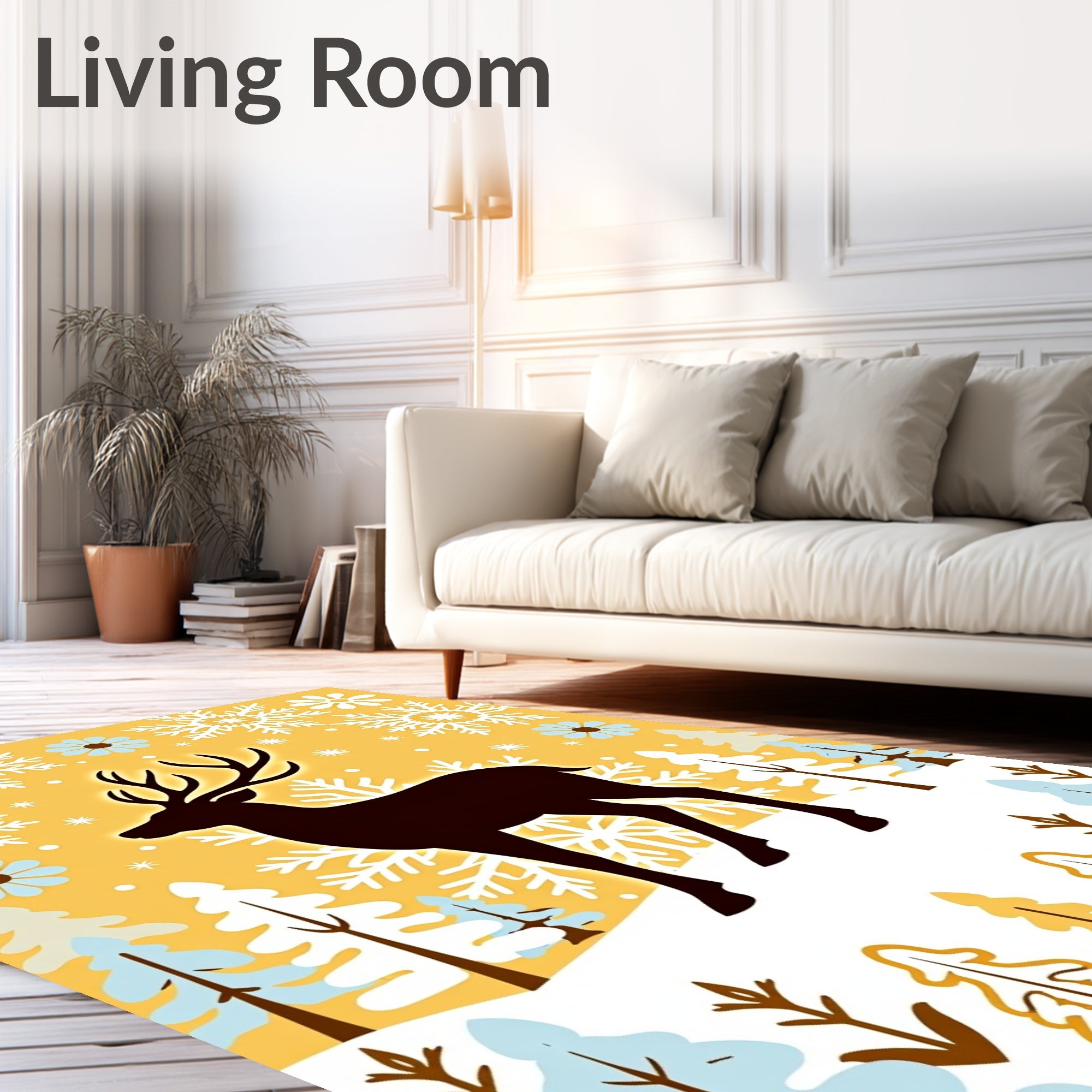 Golden Yellow Winter Deer Snowflake Scene Rug
