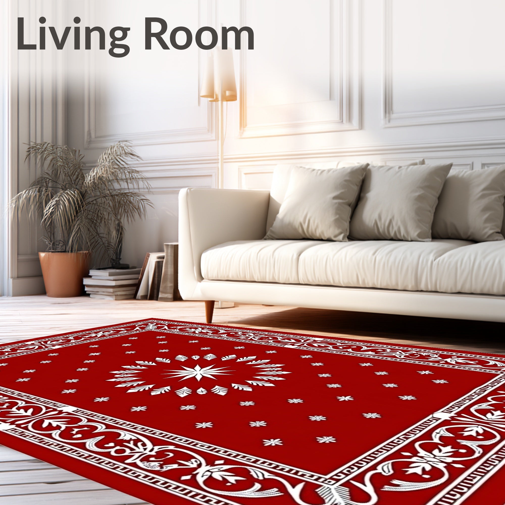 Crimson White Sunburst Medallion Border Rug