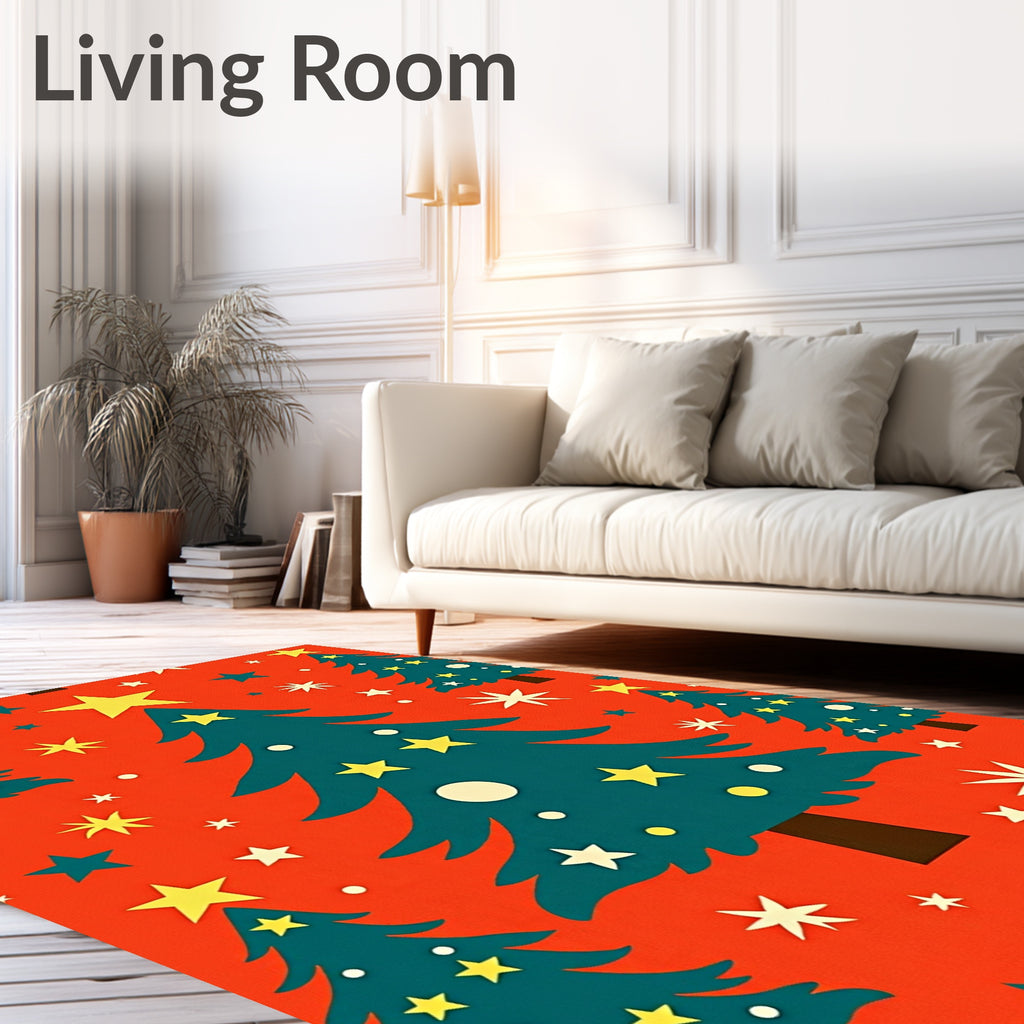 Teal Christmas Trees Yellow Star Burst Rug