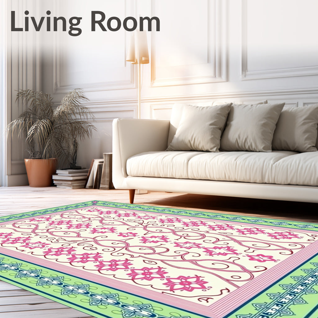 Pink Floral Vine Cream Border Rug
