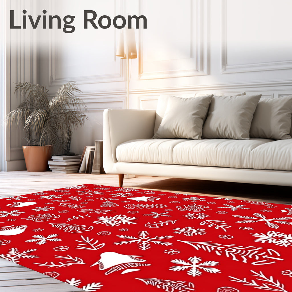 Festive Red White Winter Snowflakes Trees Rug