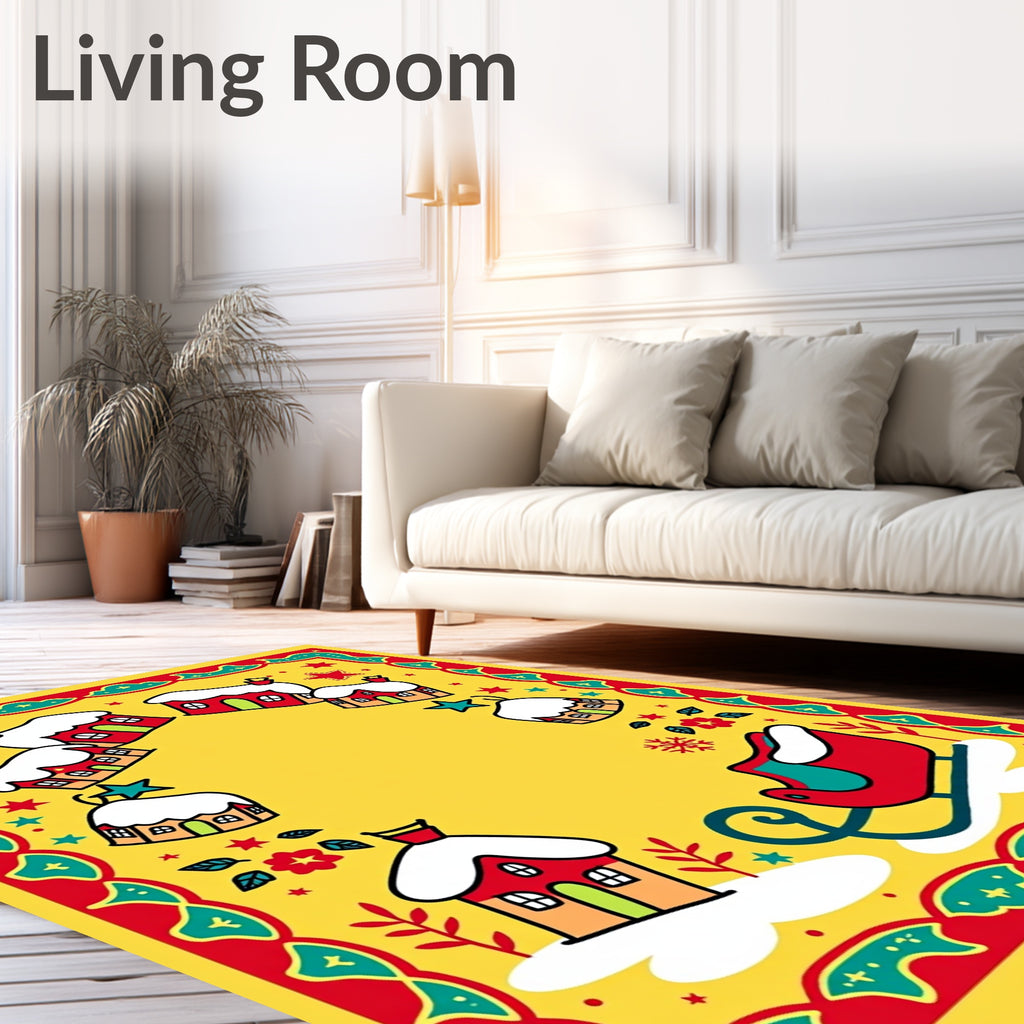 Whimsical Winter Village Sleigh Scene Rug