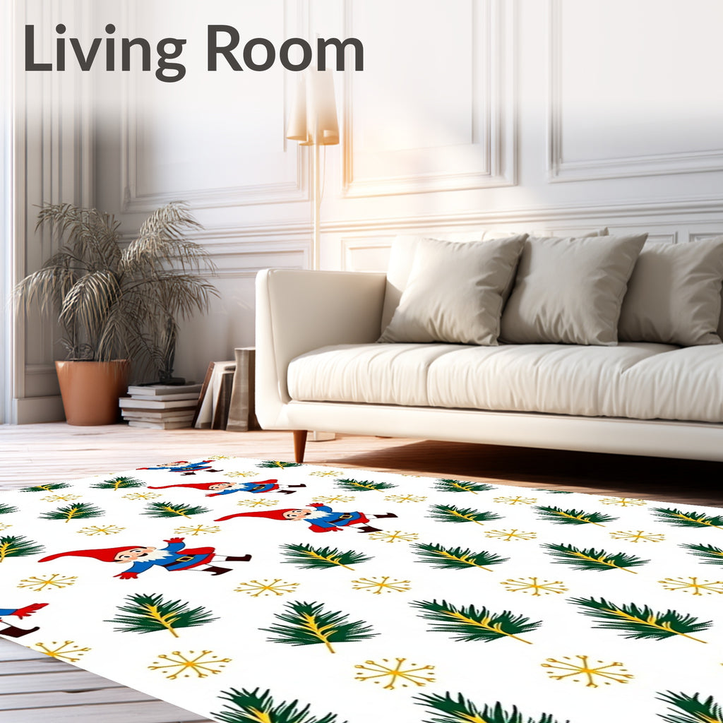 Festive Gnomes Pine Sprigs Gold Snowflakes Rug