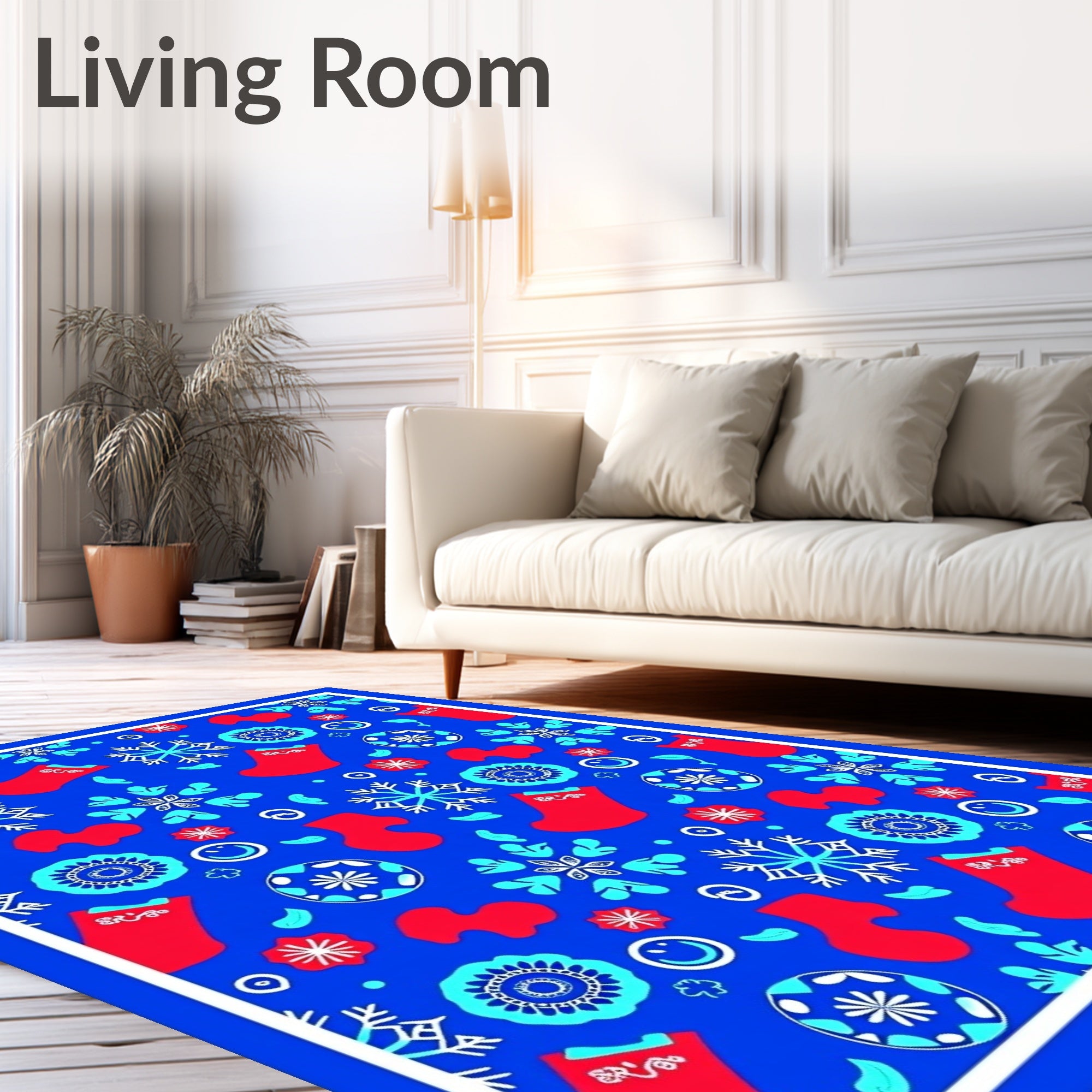 Red Snowflakes and Stockings Blue Rug
