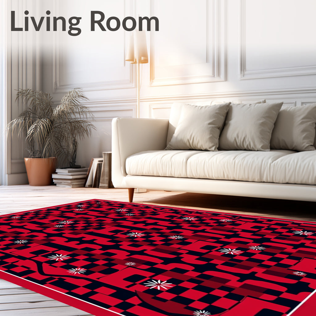 Bold Red Checkerboard Star Burst Rug