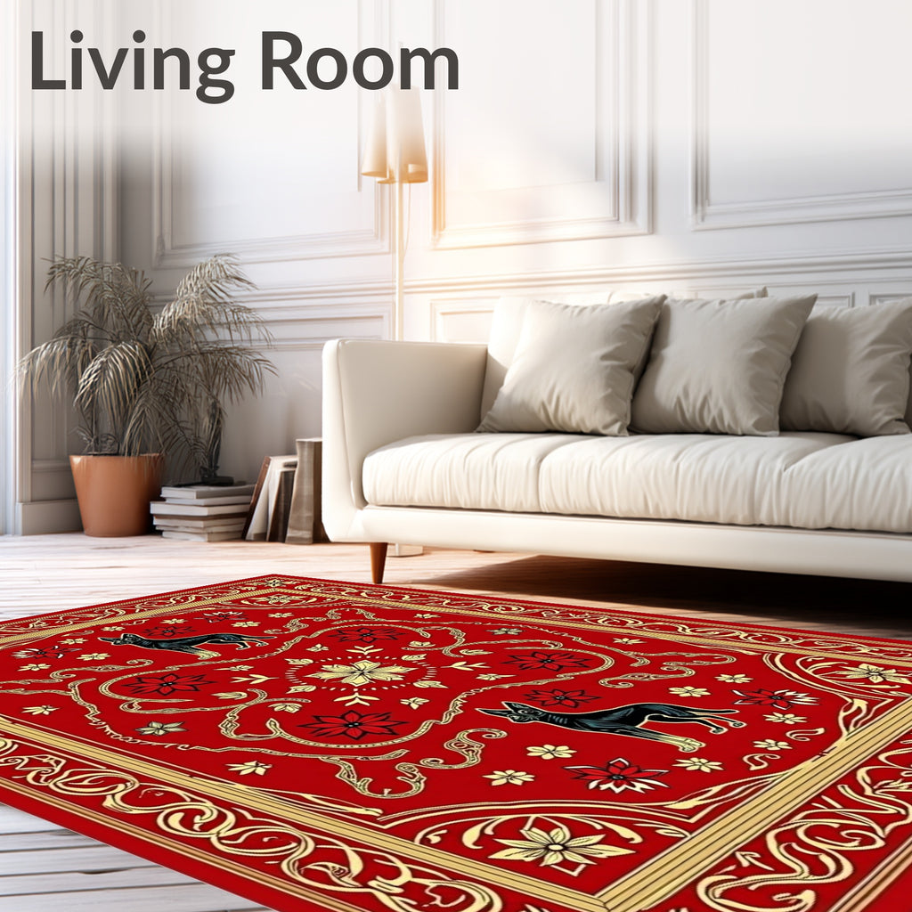 Crimson Red Dog Floral Scroll Rug