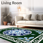 Emerald Blue White Medallion Scrollwork Rug