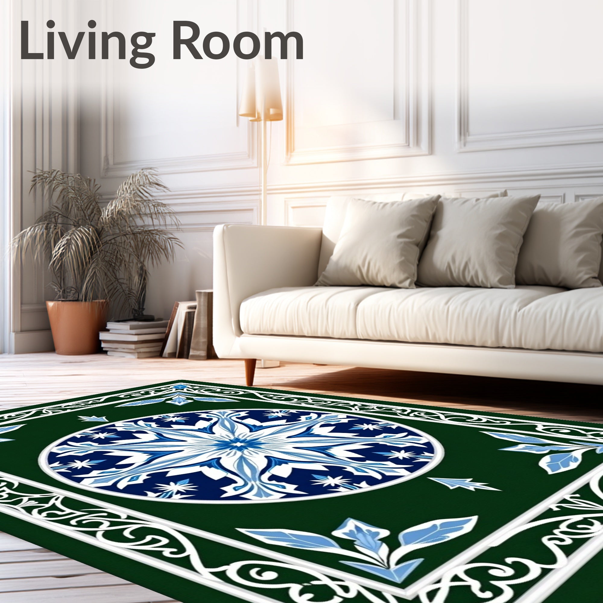 Emerald Blue White Medallion Scrollwork Rug