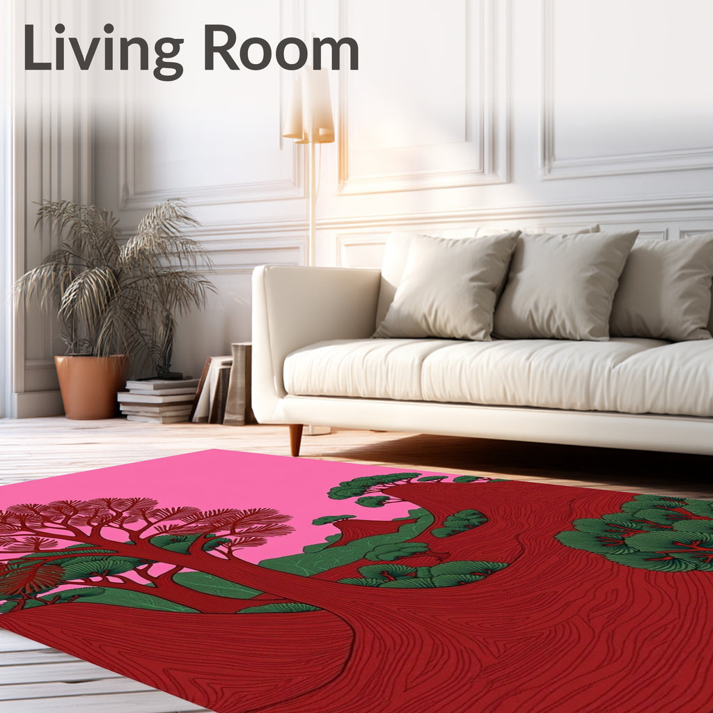 Red Desert Landscape Trees Pink Sky Rug