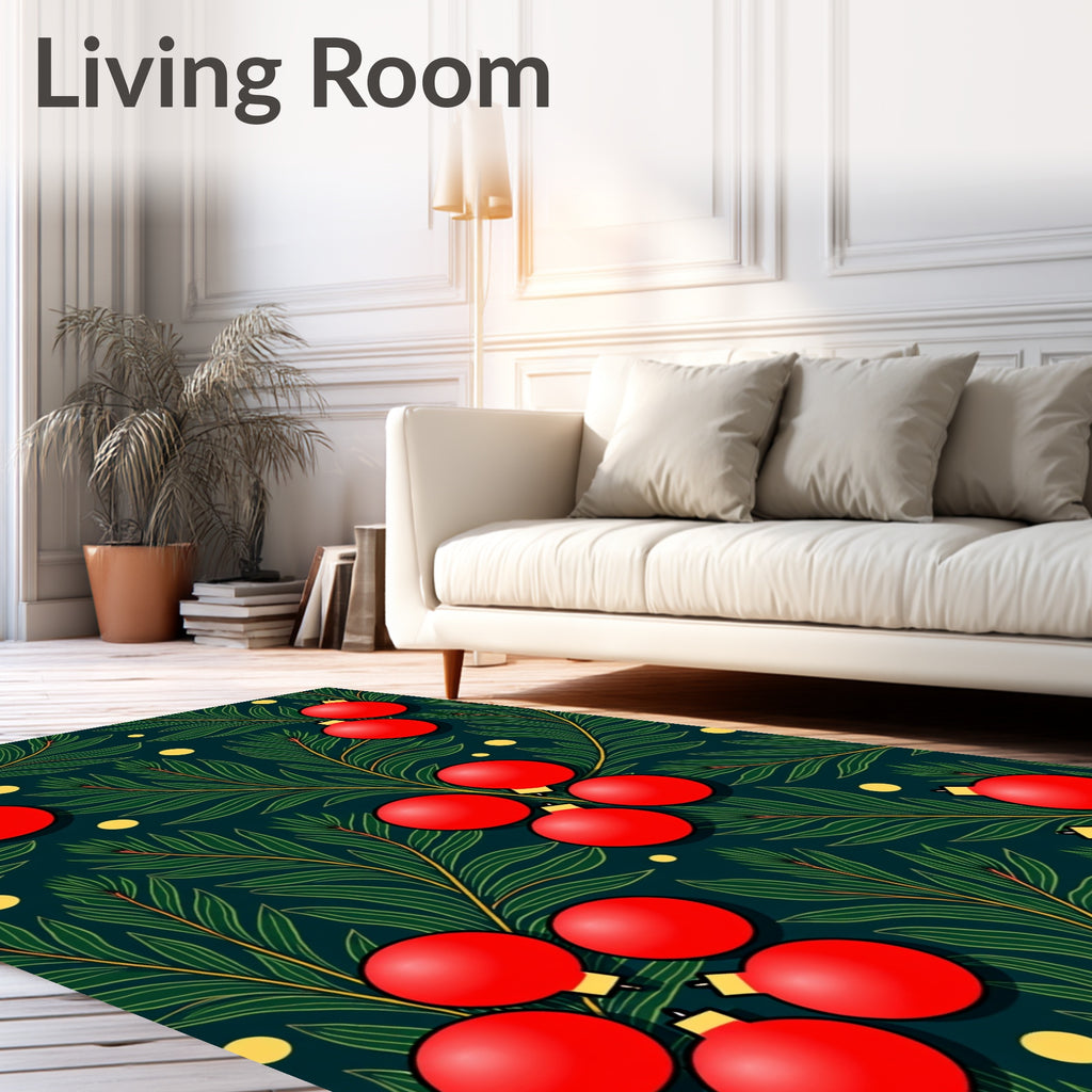 Festive Red Ornaments Green Branches Accent Rug