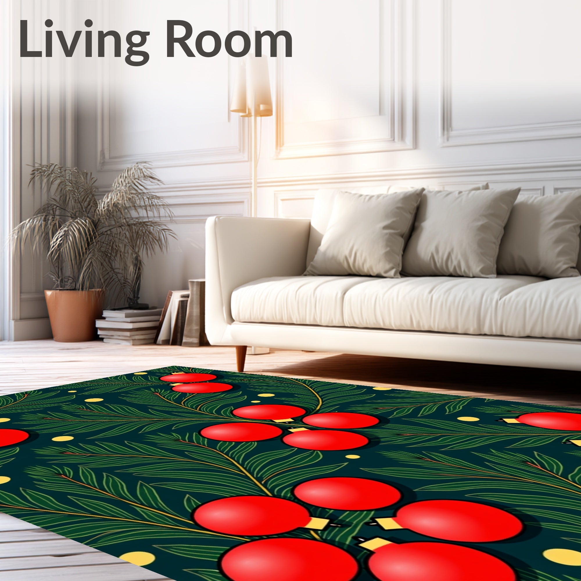 Festive Red Ornaments Green Branches Accent Rug