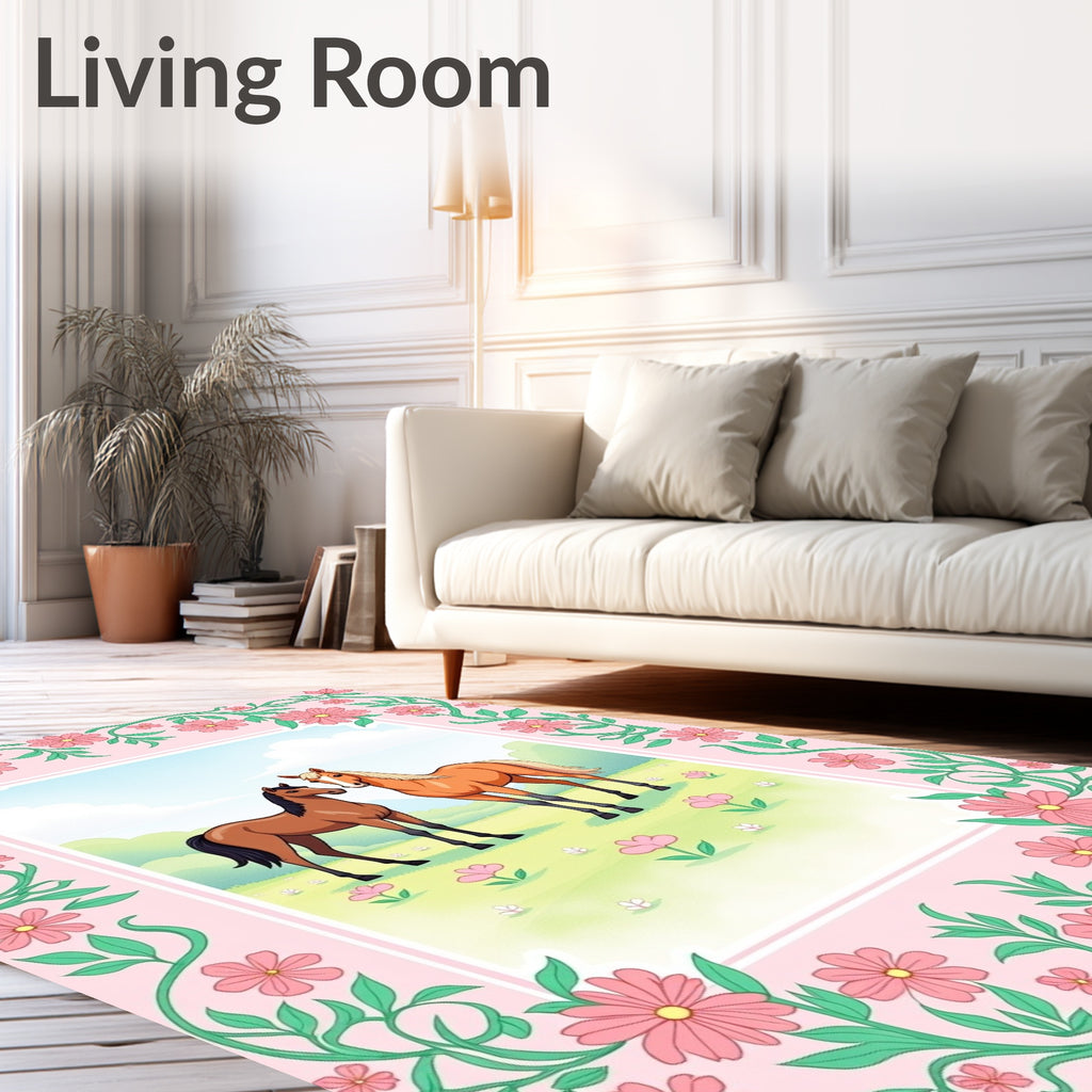 Pink Floral Border With Two Horses Rug