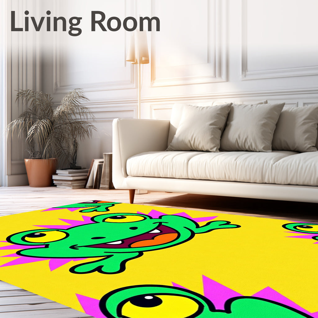Whimsical Green Frog Yellow Background Rug