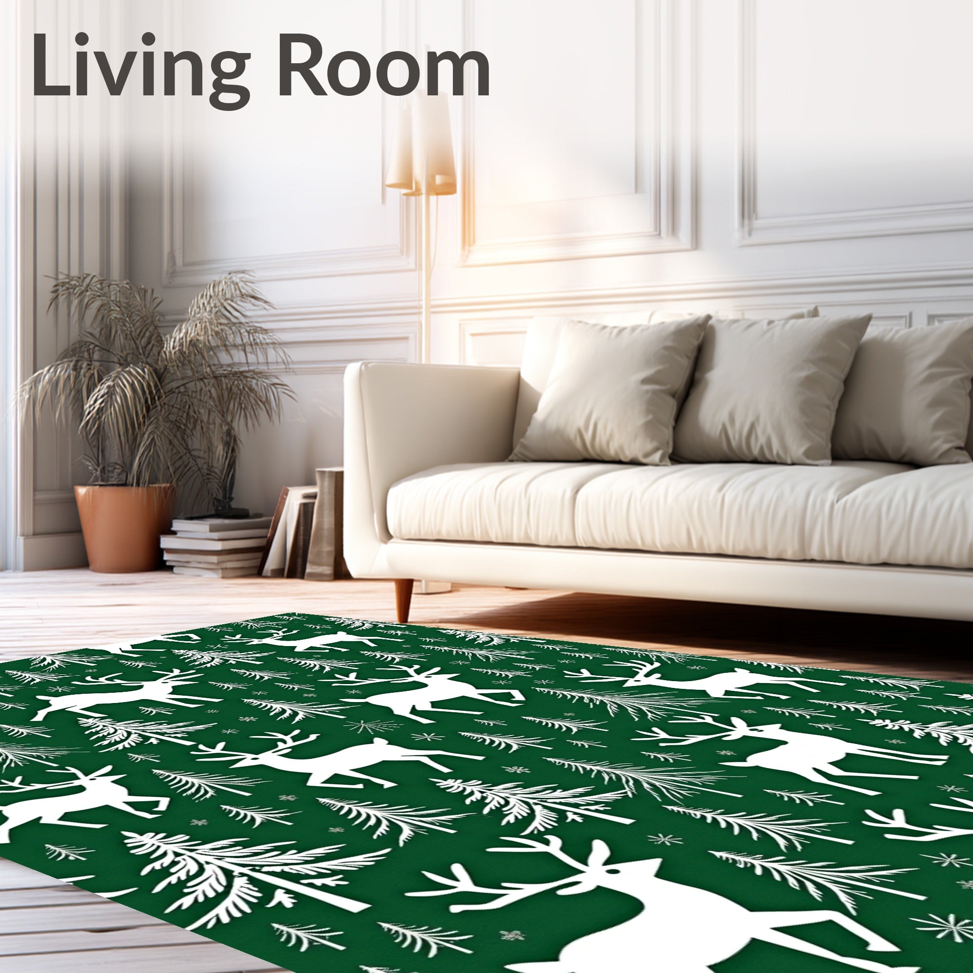 White Deer Forest Christmas Scene Rug
