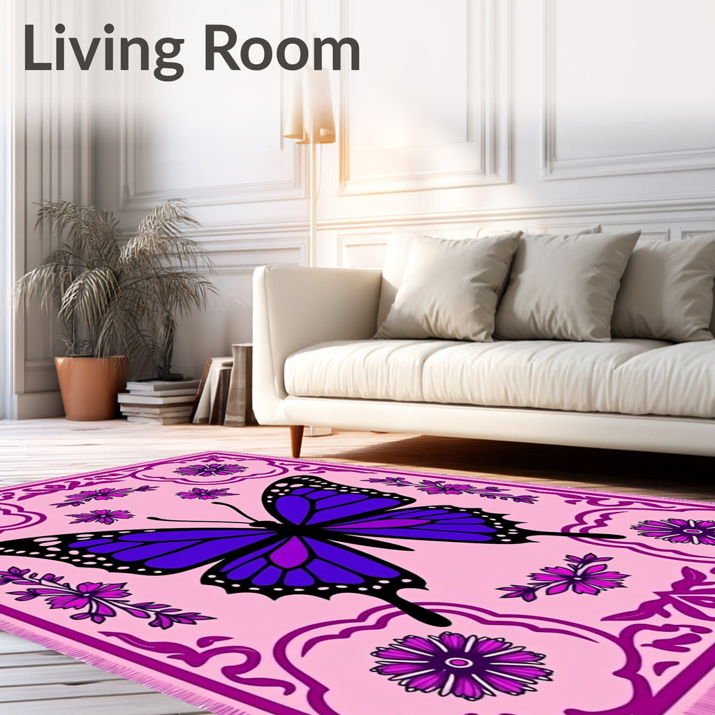 Vibrant Purple Butterfly Floral Border Rug