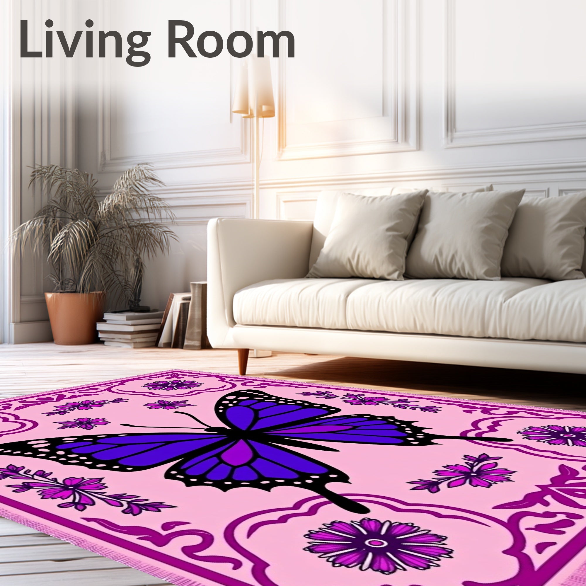 Vibrant Purple Butterfly Floral Border Rug