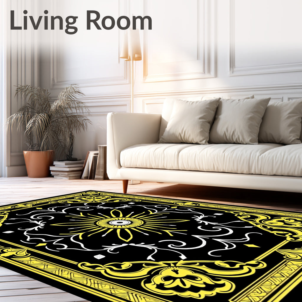 Yellow Black Floral Sunburst Rug